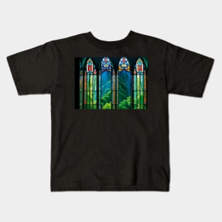 Stained Glass Window Looking Out at Mountains Kids T-Shirt